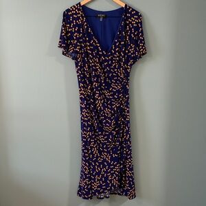 Dark Blue Midi Faux Wrap Dress with Orange Pattern